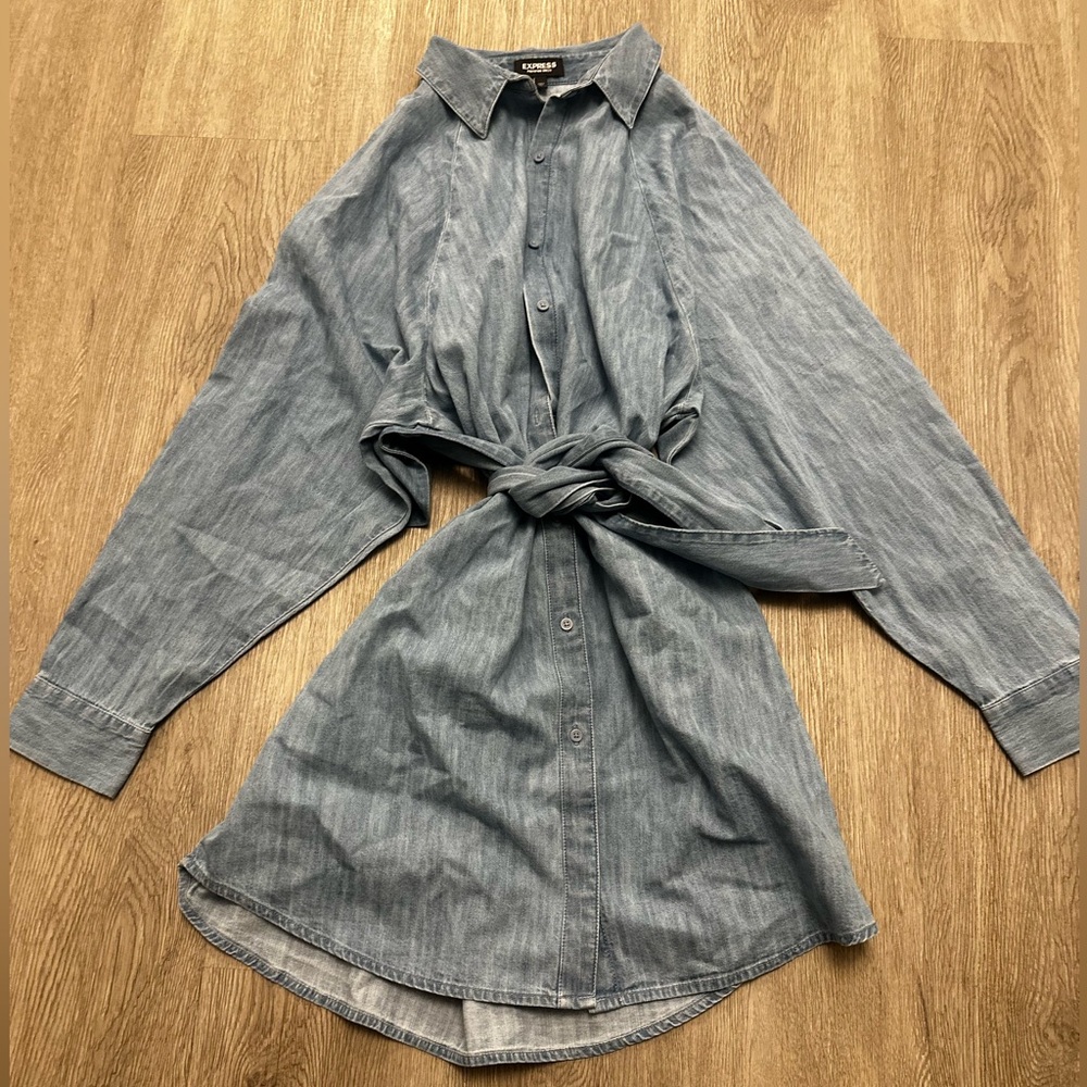 Denim Button-Up Shirt with Tie Waist